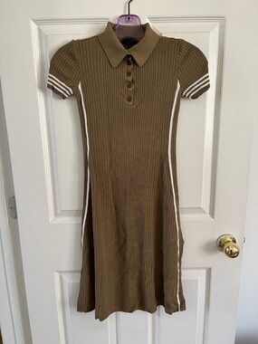 rag & bone Olive Ribbed Polo Midi Dress with White Stripe Trim